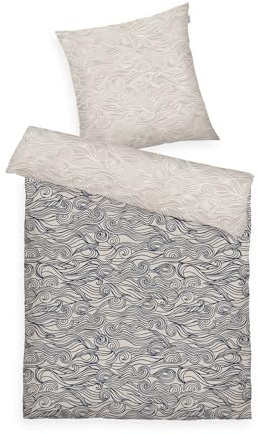Tom Tailor Soft-Renforcé-Bettwäsche, 70x90 cm + 140x200 cm, 100% Baumwolle/Renforcé, mit Reißverschluss, Waves Beige, Dunkelblau, Weiß (Dark Navy & Sunny Sand & Off White)