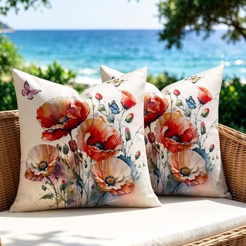 Kissenhülle 45x45 mit Blumen Orange-Rot, 2 Stück Kissenbezug Outdoor Wetterfest Kissen Bezüge Frühling Sommer, Kissenbezüge für Deko- Sofakissen in Wohnzimmer Schlafzimmer Garten Terrasse Balkon