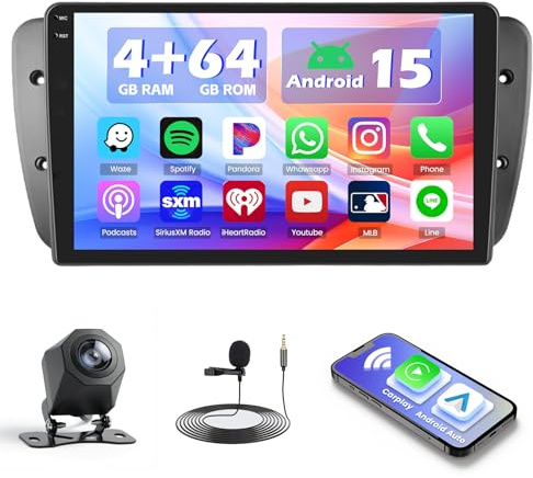 4+64G Autoradio con CarPlay Android Auto para Seat Ibiza 6J 2009-2013 | 9 Incell Pantalla Radio Android 15 Bluetooth Navegación GPS WIFI EQ FM/RDS USB SWC Split-Screen Micrófono Cámara