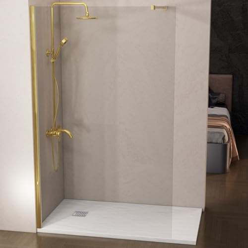 HOGAKIS Mampara de Ducha Fija Oro 100 x 200 cm, Cristal Templado Transparente 8 mm con Tratamiento Antical, Panel Walk In Reversible para Baño Moderno