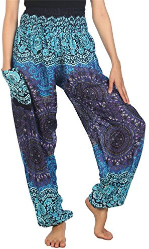 Lofbaz Haremshose Damen Boho Yogahose Pumphose Hippie Hose Kleidung Festival Outfit Sommerhose Leicht Sommer Hosen - Rose 2 Blau 3XL Große Größen