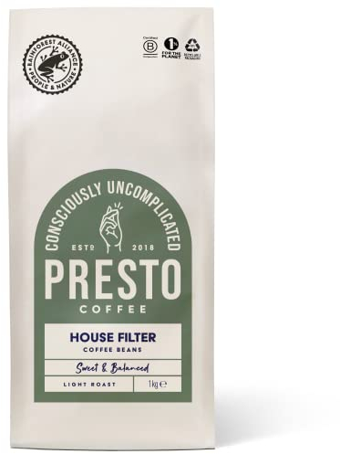 Presto Coffee House Filter Speciality Coffee Beans 1kg Medium Roast Tasting Notes Sweet Cocoa and Peanuts Rainforest Alliance Certified 100% Arabica