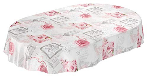 Tischdecke Wachstuchtischdecke Wachstuch Wachstischdecke pflegeleicht abwaschbar Rosen Landhaus Antik Grau Oval 140 x 200cm eingefasst