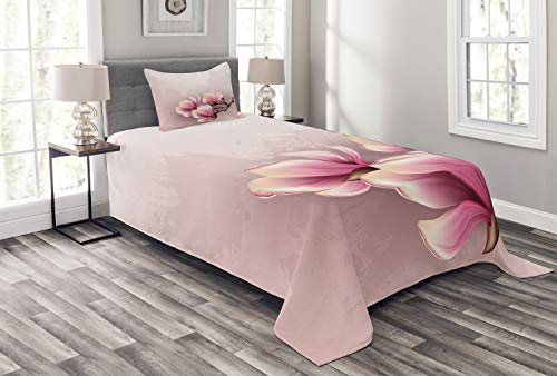 ABAKUHAUS Magnolie Tagesdecke Set, Fragile Blütenblätter, Set mit Kissenbezügen Sommerdecke, für Einzelbetten 170 x 220 cm, Baby Pink Braun und Rosa