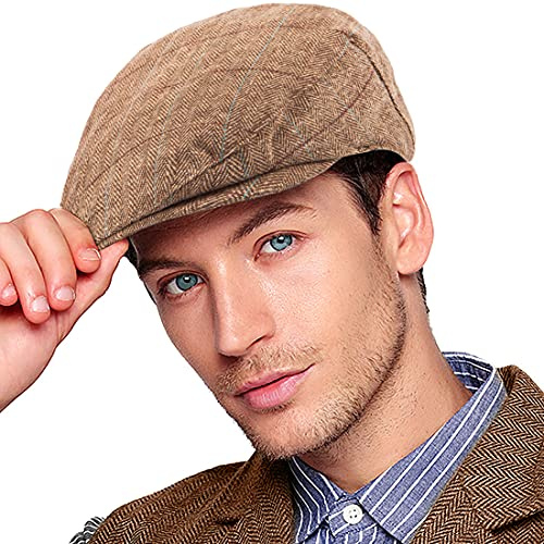 Herringbone Flat Ivy Newsboy Cap für Herren Klassische Wollmischung Tweed Cabbie Hut, 002 Plaid Brown, XL/XXL