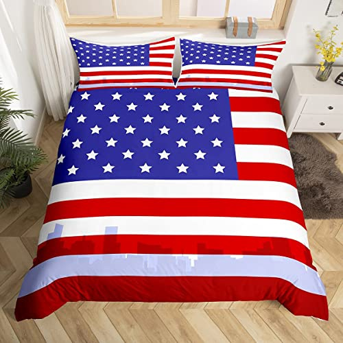 Bettbezug-Set mit amerikanischer Flagge, USA-Flagge und Stadt, für Jungen, Mädchen, Kinder, USA, Federationen, Sterne, Bettdeckenbezug, geometrische Streifen, blau, weiß und rot, Einzelbettgröße