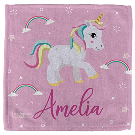 MakeThisMine Personalised Children’s Kids Custom Name Bath Face Cloth Flannel - 30 x 30 cm - Pink Unicorn