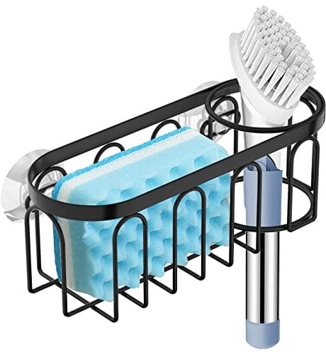 Yazoni 2 in 1 Sponge Holder for Kitchen Sink Suction Sponge Rack Kitchen Container No Drilling Rustproof Sink Organizer Holder for Dishwasher Brush Soap (Black)