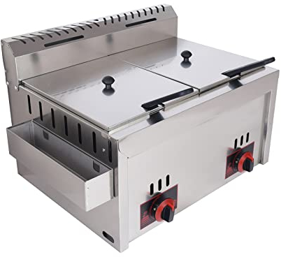 Freidora Gas Industrial, Freidoras con Cestas Grande, Freidora con Tapa, Freidoras Propano Cocina Exterior, Freidora a Gas de Encimera de Acero Inoxidable, 10Lx2