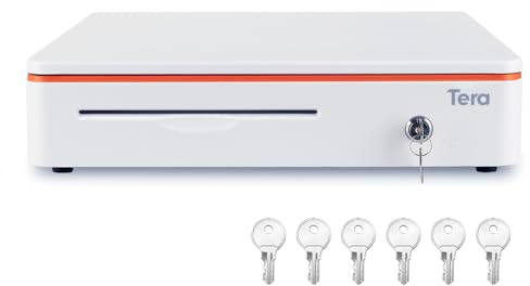 Tera Elektronische Kassenschublade mit 5 Schlüsseln Key-Lock & Elektrisches & Manuelles Drücken und Öffnen mit 8 Herausnehmbaren Münzfächern, 4 Geldscheinfächern und 1 Medienfach, 41x41x10cm, 12VRJ12