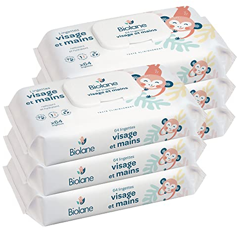 BIOLANE - Lingettes bébé visage et mains - Lot de 6 paquets - 384 Lingettes(6x64) - Nettoie et protège - Toilette - Peaux Sensibles - 97% d'ingrédients naturels