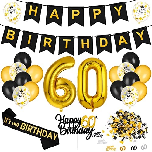 Heyu-Lotus 60 Geburtstag Deko Luftballons 60. Geburtstag Schwarz Gold Deko 60 Geburtstag Frauen Männer mit Happy Birthday Girlande, Folienballon Zahl 60, Konfetti Luftballons für 60 Geburtstag Dekora