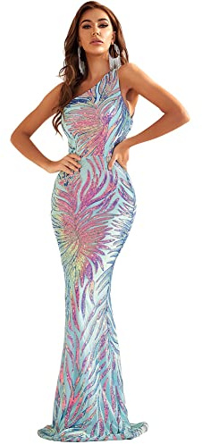 Giffniseti Women's One Shoulder Holographic Sequin Dresses Evening Gown Formal Prom Maxi Dress Blue