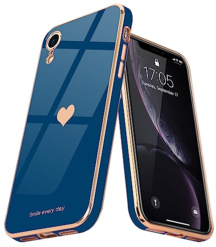 Teageo Kompatibel mit iPhone Xr Hülle, Süße Herzmuster Mädchen Handyhülle Luxuriös Galvanisierte Weich TPU Kameraschutz Kratzfest Stoßfest Schutzhülle Bumper Phone Case für iPhone Xr, Marine Blau