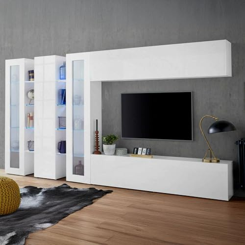 Dmora - Ausgestattete Wand Clemente, 5-türiges TV-Ständer-Wohnzimmerset, Mehrzweck-Wohnzimmermöbel, 100% Made in Italy, 340 x 30 x 180 cm, glänzendes Weiß,