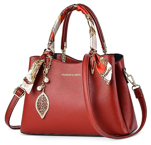 FORRICA Handtasche Damen Henkeltaschen mit Exquisiter Anhänger Elegant Umhängetasche PU Leder Schultertasche für Reisen Bankett Shopper Rot