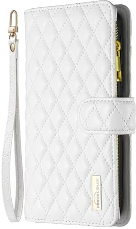 Bnvdfre for Wallet Phone Case for iPhone 12 /iPhone 12 Pro Case Cover Zipper Pocket Flip Leather Folio Case with 6 Card Holder Slots Silicone Bumper Shockproof Wrist Strap Girls Women Case,White