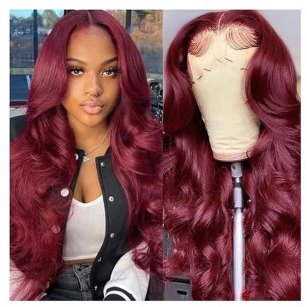 peluca marrón larga Pelucas delanteras de encaje 99J Borgoña 13X4, peluca de cabello humano ondulado for mujeres negras, cabello Remy brasileño de color rojo vino, sin pegamento, prearrancado con pelo