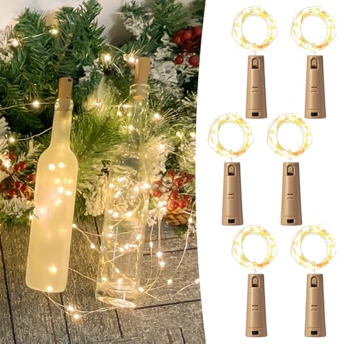 LEEECOCO Weinflaschen Lichterkette – Doppelte Batteriekapazität, 2m 20 LEDs, Extra lange Leuchtdauer, Kupferdraht Flaschenlicht für Weihnachten, Partydeko (6 Stück, Warmweiß Dual-Batterien)