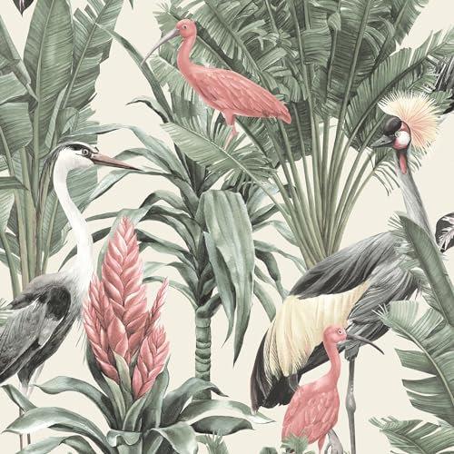 World of Wallpaper Manu Tropical Birds Wallpaper for Living Room/Hallway/Bedroom Feature Wall Paper Cream and Green AF0020