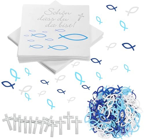 Blaue Fisch Servietten 40 Stück Servietten ‘Schön dass du da bist' mit 144 Holz Fische Deko und 12 Kreuz Fisch Tischdeko für Taufe Taufdeko Junge Servietten Taufdeko Tisch Deko