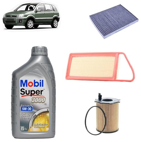 Kit tagliando 3 filtri + 4L olio Mobil FE 5W-30 per Ford Fusion 1.4 Tdci 2002-2014