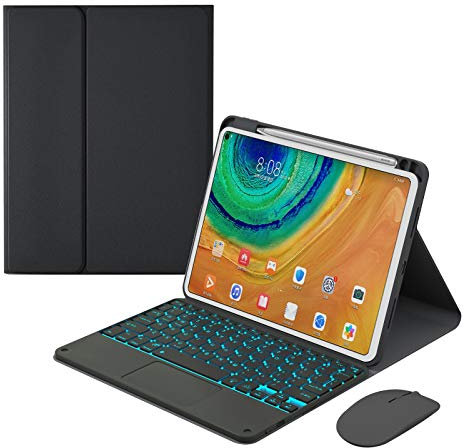Funda con Teclado para Huawei Matepad 10.4, Contener Ñ, Teclado Retroiluminado Desmontable con Panel Táctil, Cubierta Trasera Suave con Portalápices,Negro,7 Color Backlit
