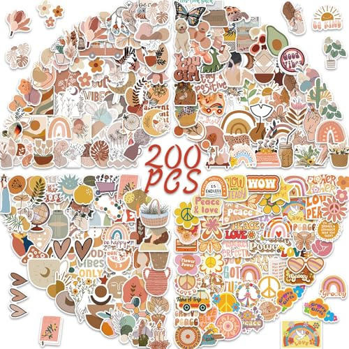 Veszoen 200 Stück Boho Aesthetic Aufkleber Böhmische Aesthetic Sticke Wasserdichte Vinyl Aufkleber Laptop Stickers für Koffer Gitarre Skateboard Mug Scrapbook Journal Phone Case