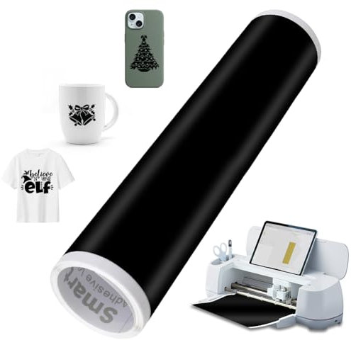 Schwarz Smart Vinyl Permanent für Explore 3/Maker 3, 33x200cm Smart Adhesive Vinyl Permanent Plotterfolie Selbstklebend Vinyl Roll für DIY T-Shirt, Tassen, Autos, Banner, Dekoration