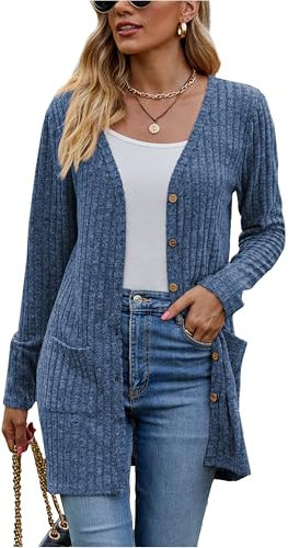 Famulily Fall Winter Cardigans for Women with Pockets, Button Down Open Front Cardigans Sweaters for Ladies (L, Navy Blue)