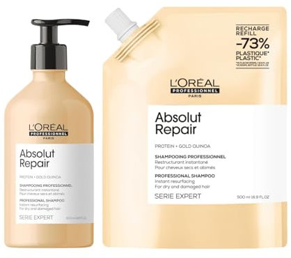 L'Oréal Professionnel Shampoo-Set für strapaziertes und trockenes Haar, Mit Quinoa, Serie Expert, Absolut Repair Shampoo 500ml & Shampoo Nachfüllbeutel, Refill 500ml