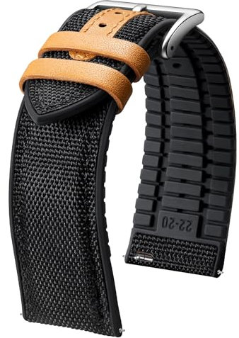 BINLUN Bracelets de Montre en Nylon Silicone Dégagement Rapide Bracelet Montre Remplacement Hybride Toile Caoutchouc Pour Hommes Femmes 9 Couleurs (Noir/Boucle Argent,20mm)