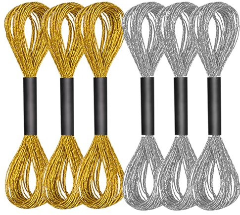 BUOKSLLY Sticktwist - 6 fili per punto croce, 8 m, filo metallico, oro e argento, filo metallico dorato, per lavori di bricolage (oro, argento)