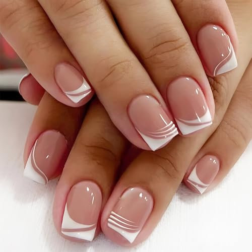 Generic French Tip Square Short False Nails, 24 PCS Stick On Nails with Glue, Reusable Fake Nails for DIY Manicure, Elegant and Natural Look for Women DIY Nail Art, Parties Weddings Daily