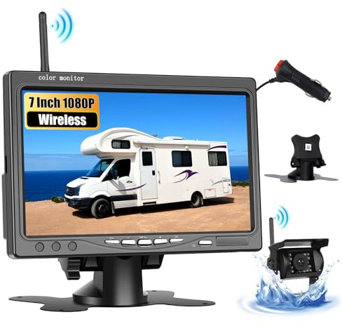 CAMECHO Rückfahrkamera Kabellos IP68 Wasserdicht Nachtsicht Weitwinkel Kamera mit 7 Zoll HD Monitor für alle Modelle, 12V-36V Hochleistungschip Rückfahrkamera mit Umgekehrte Linie Toter-Winkel-Warnung