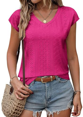 Zeagoo T-shirt pour femme - Col en V - Manches courtes - Élégant - Broderie perforée - Décontracté - Léger - Décontracté - Léger - Débardeur aéré - Taille S à XXL, framboise, S