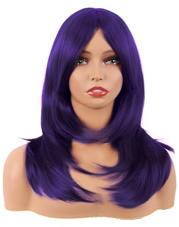 MapofBeauty 20 Zoll/50 cm Länge Layered Mit Pony Gerade Synthetische Faser Shoulder Lange Haarfasern für Täglich Perücke (Dunkel Lila)