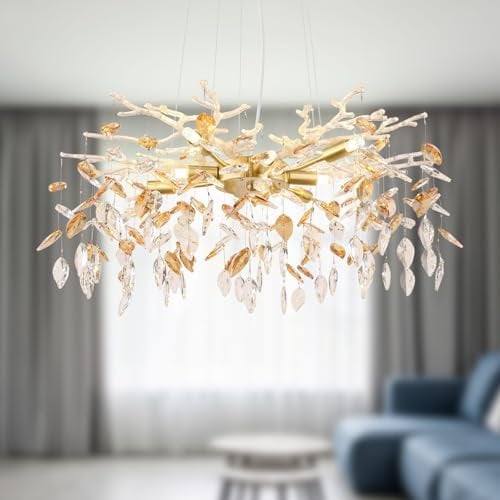 bmf-versand® Hängelampe aus Metall goldfarbig mit Kristalle inkl. Pflegetuch - Kronleuchter 8-flammig für Wohnbereich und Essbereich - Pendelleuchte 8x G9 Fassung 8 Watt