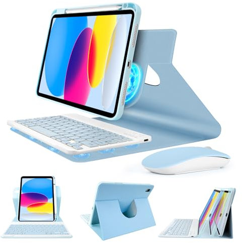 SOPPY Keyboard Case with Mouse for iPad 11th Gen. (A13) 11-inch 2025, 10th Gen. 10.9-inch 2022, UK Layout, Slim Protective Cover, Magnetic Rotatable Detachable Keyboard, with Pencil Holder - Blue