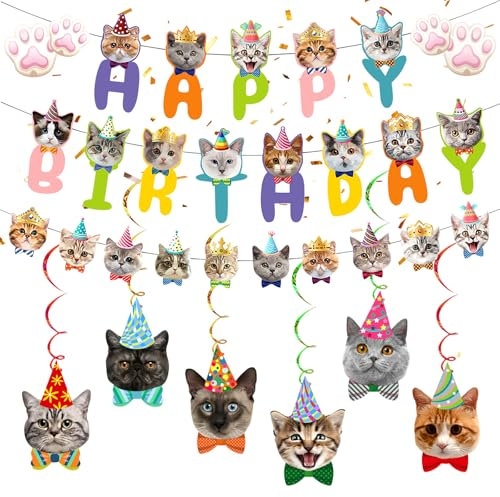 Alovez Katzen Happy Birthday Banner Set, Katzenthema Geburtstagsparty Dekorationen 10 Katzengesichter Dekoration Katzen Hänge Ausschnitte Hänge Dekor für Katzen Motto Geburtstagsparty