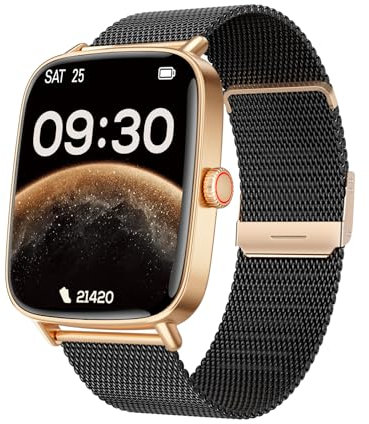 TOOBUR Smartwatch Damen, Schrittzähler Fitness Sport Uhr, 100+ Sportmodi, Elegant Frauen Metall Smartwatch Android/iOS Kompatibel, Telefonfunktion mit Anrufe, IP68 Wasserdicht, Schwarzgold