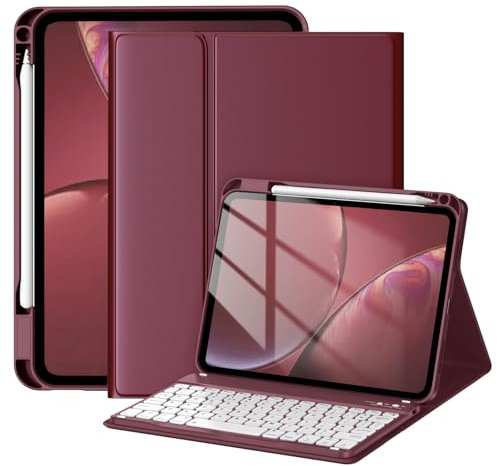 drivego Keyboard Casefor iPad A16 11th/10th Genration (2025/2022 11/10.9 Inch) with Pencil Holder, Anti-fall Keycaps Detachable Bluetooth Keyboard Cover for iPad 10/11, QWERTY UK Layout, WineRed