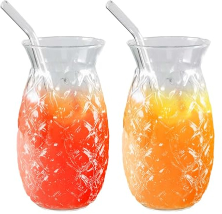2 Pcs Retro Ribbed Water Drinking Glasses with Glass Straws Pineapple Clear Glass Ice Coffee Cups 480ml for Coocktail Whiskey Beer Water Juice Milk