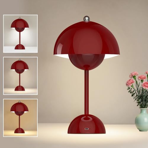 LOMUG LED Flowerpot Tischlampe, Pilzlampen Tischlampe, Kabellos Tischleuchte Touch Dimmbar Pilz Lampe mit 3 Helligkeitsmodi für Schlafzimmer Wohnzimmer Büro Bars (Rotwein)