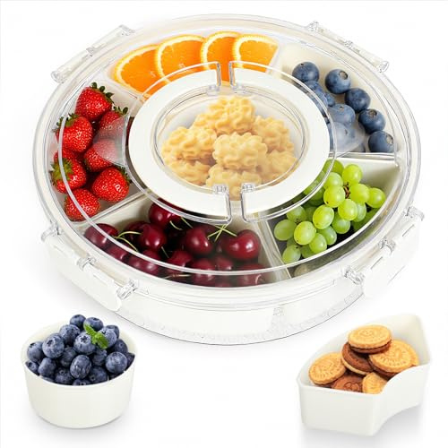 Kievano Snackbox mit Fächern – 360° Drehbarer Snackteller mit Deckel & Griff, Snack Organizer für Süßigkeiten, Obst, Nüsse & Gemüse – Tragbare Frischhaltedose für Kinder, Erwachsene, Party & Picknick