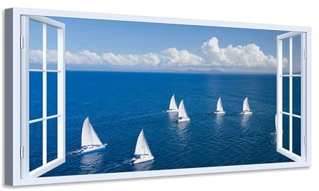 Generico Quadro finestra Barche a Vela sul Mare - Stampa su tela con telaio in legno - 160x80 cm