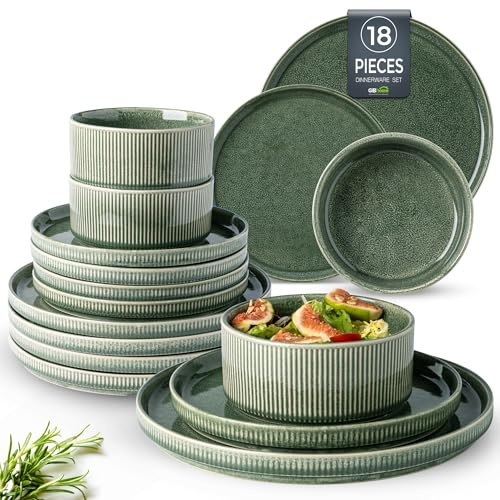 GBhome Stoneware Dinner Sets for 6 People, 18 Pieces Reactive Glaze Handcrafted Plates and Bowls Set, Scratch Resistant Dinnerware Set, Dishwasher & Microwave Safe Crockery Set, Green