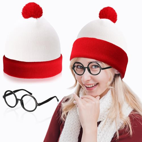 WANGDEFA L Strickmütze Rot Weiß Nerd Brille Satz Retro Partybrille Nerd Bommelmütze Zweifarbige Mütze Runde Brille Erwachsene für Karneval Charakter Zubehör Weltbuchwoche Tag Kostüm Parteien