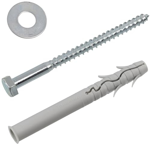 AERZETIX - Kit di 4 tasselli con flangia Ø14x135 mm in nylon con alette + 4 viti tirafondo Ø10x140 mm + 4 rondelle larghe per bullone M10 | per fissaggio su calcestruzzo mattoni cemento