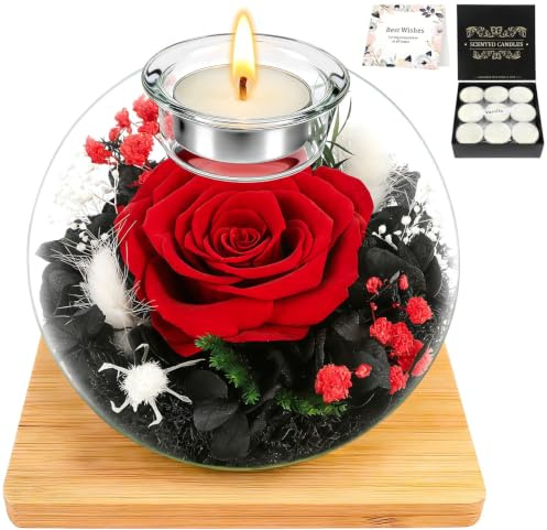 Preserved Eternal Red Rose in Glass Dome with Scented Tealight | Foreve Rose Valentines Gift for Her, Everlasting Flower Present for Anniversary, Engagement, Wedding and Mother’s Day
